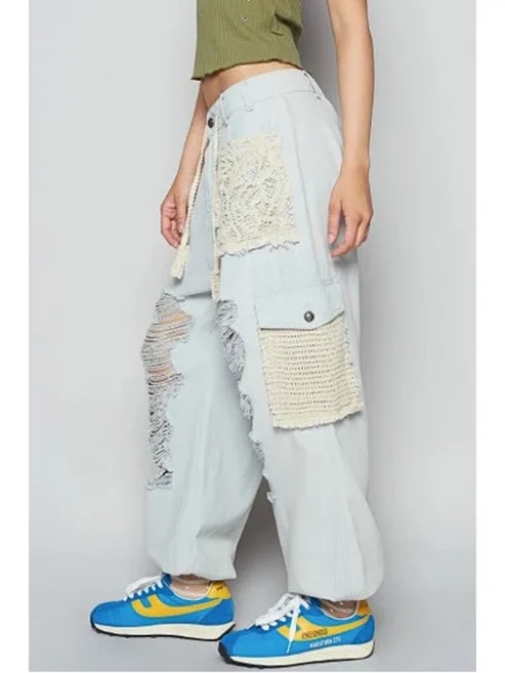 POL | Light Blue Distressed Patchwork Cargo Joggers Sz L